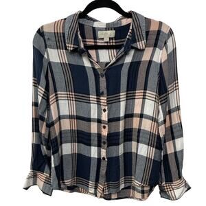 Olive & Oak Plaid Long Sleeve‎ Flannel Button Down Shirt Top Navy Pink Medium